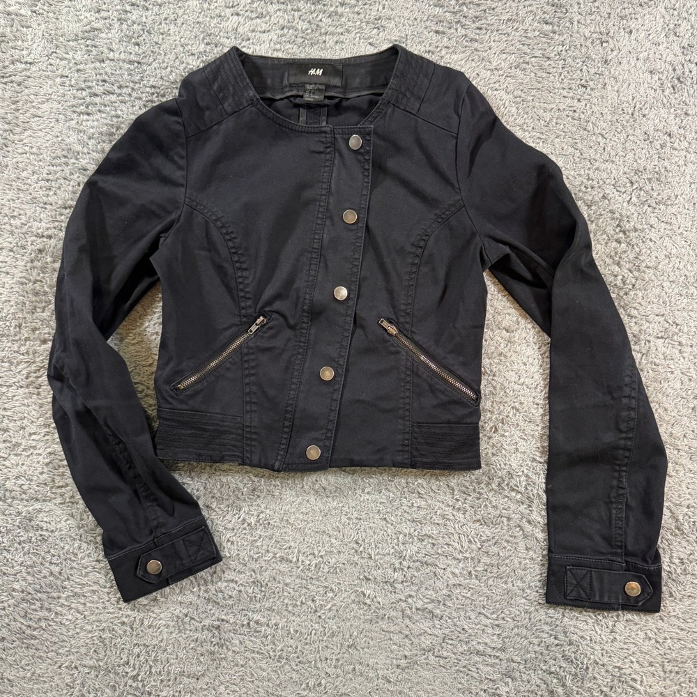 HM Womens Cropped Moto Jacket Size 4 Black Collarless Snap Front Zip Pockets